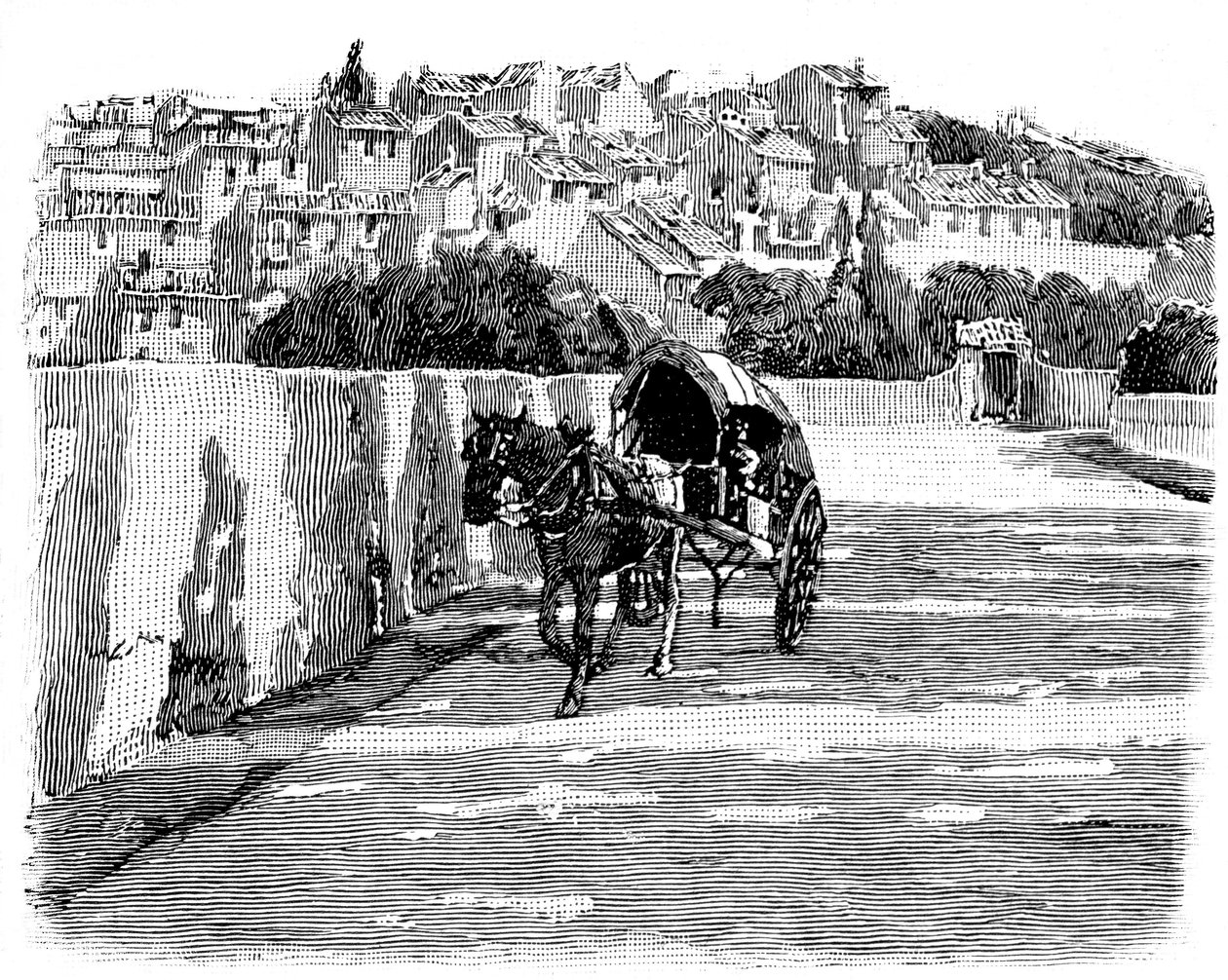 Village du Midi (syd) i Frankrig med hestevogn. Gravering af Joseph Pennell 1888 (detalje). af Joseph Pennell