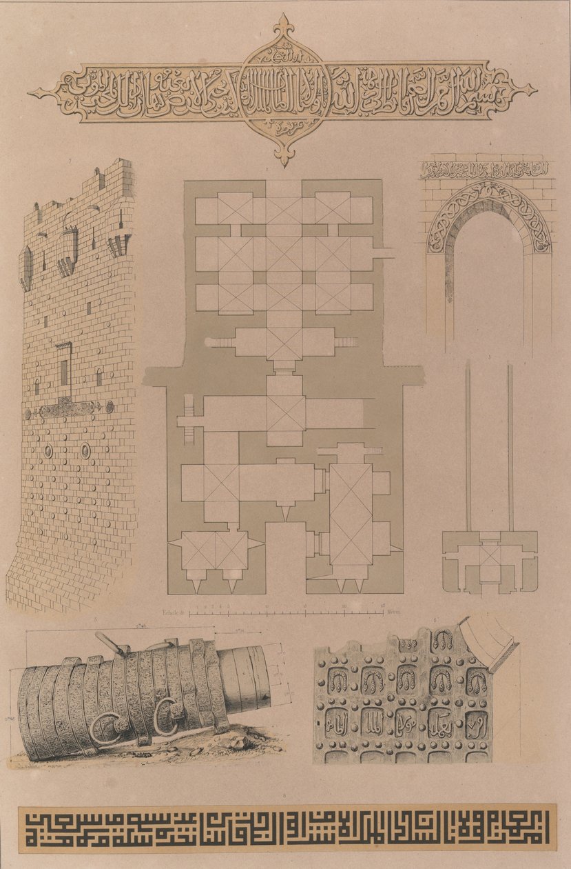 59. Plan og detaljer, Aleppos slot, 1843. af Joseph Philibert Girault De Prangey