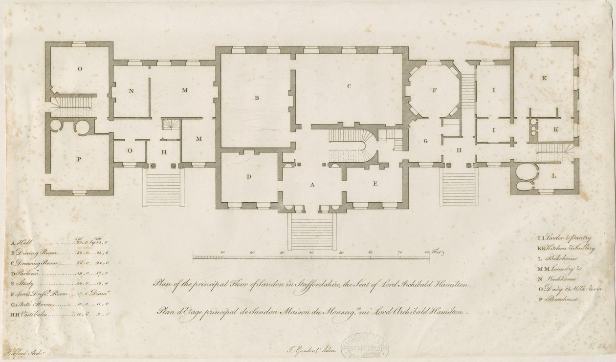 Sandon Hall - Plan over hovedetagen: gravering, nd [1769-1771] (tryk) af Joseph Pickford
