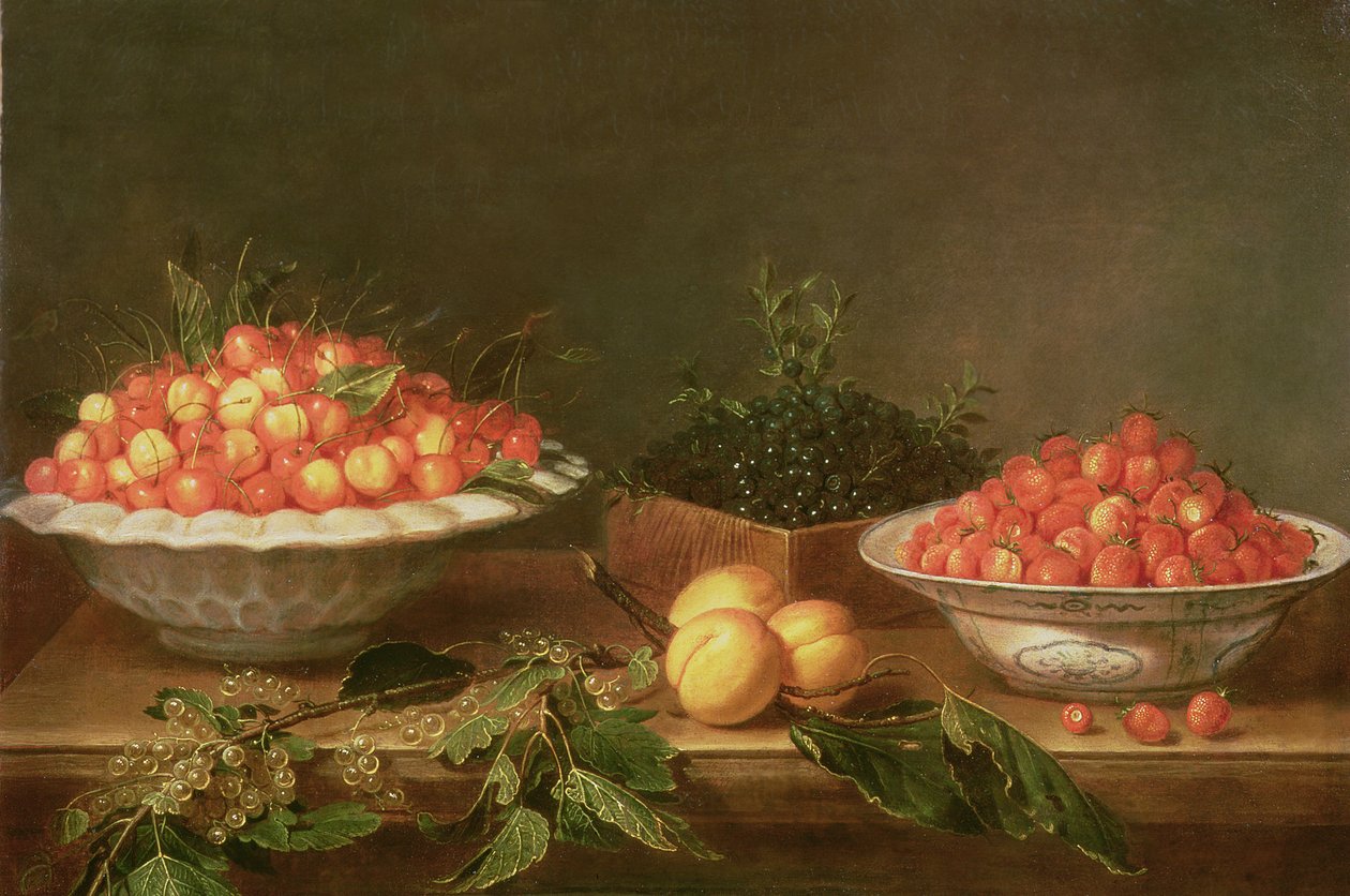 Stilleben med frugt i porcelænsfade og en trækasse af Joseph Plepp