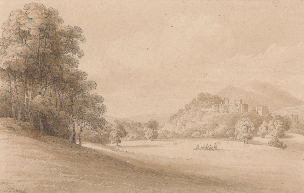 Dunster Castle, Somerset: Viser slottet på afstand af Joseph Powell