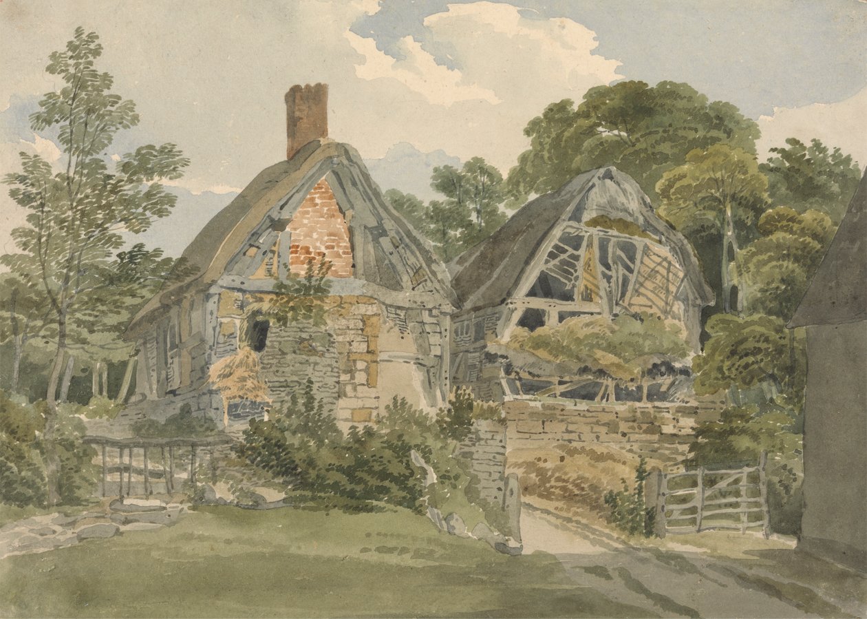 Stråtækt sommerhus og tilstødende lade af Joseph Powell