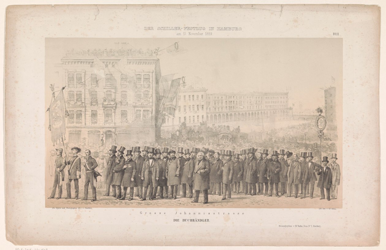 Optocht van boghandel i Hamborg Grosse Johannisstrasse / Boghandlerne (titel på objekt) Optocht i Hamborg tere van Friedrich von Schiller (serietitel) Schiller-konkurrencen i Hamborg (serietitel på objekt) af Joseph Puschkin