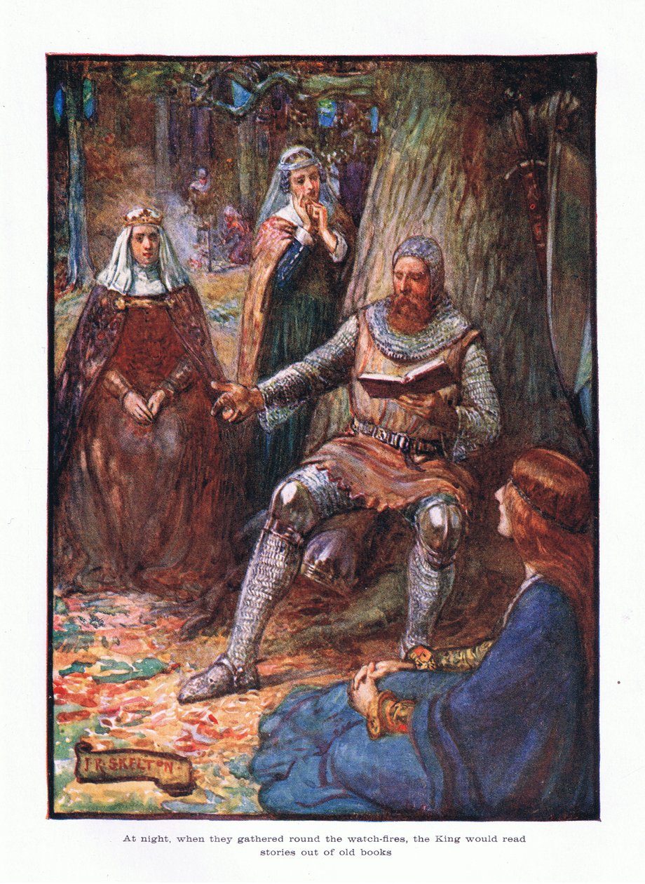 Om natten, når de samledes omkring vagtbålene, læste kongen historier op af gamle bøger., 1910 af Joseph Ratcliffe Skelton