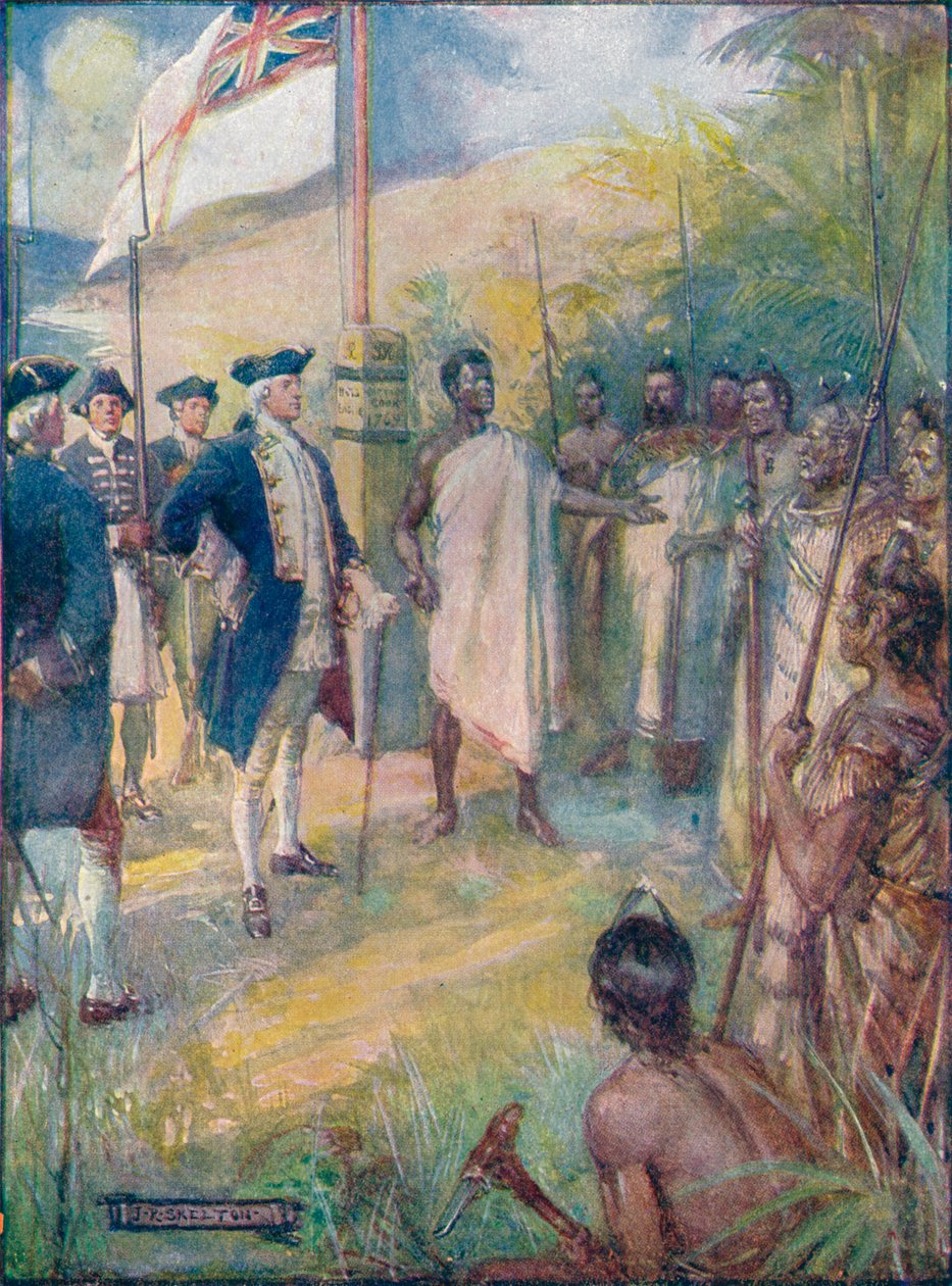 Cook fortalte maorierne, at han var kommet for at sætte et mærke på deres øer, c1908, c1920. af Joseph Ratcliffe Skelton