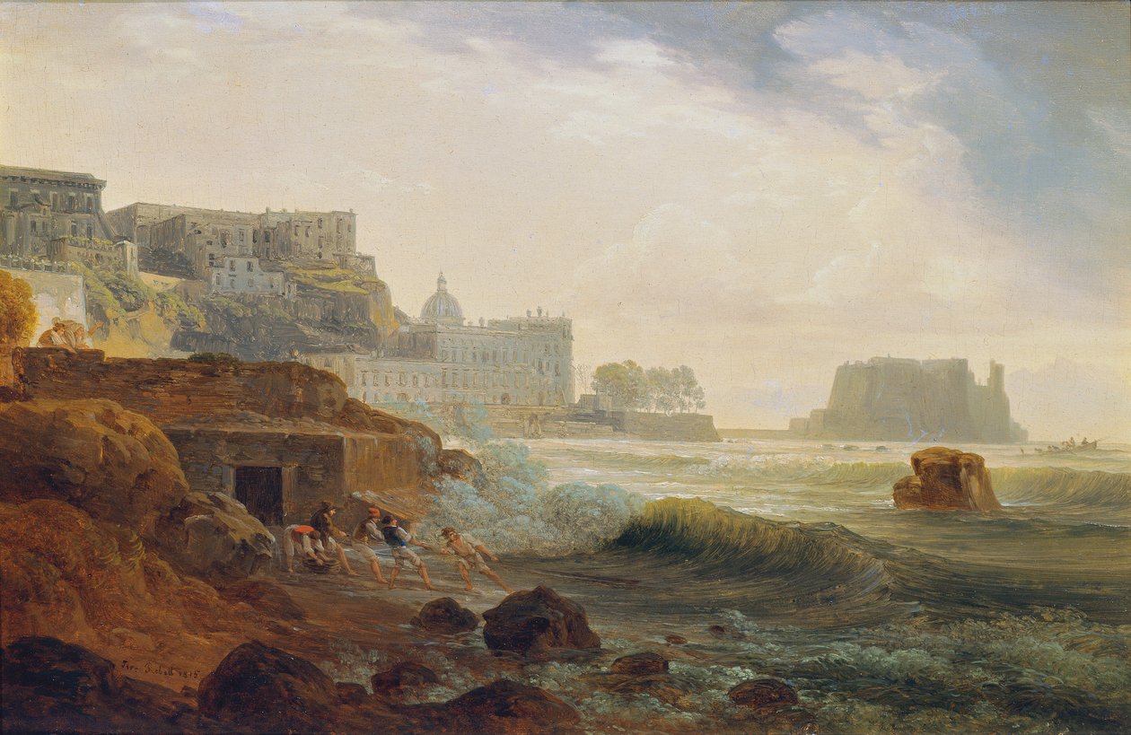 Kyst nær Napoli med et fort og fiskere, der trækker et net af Joseph Rebell