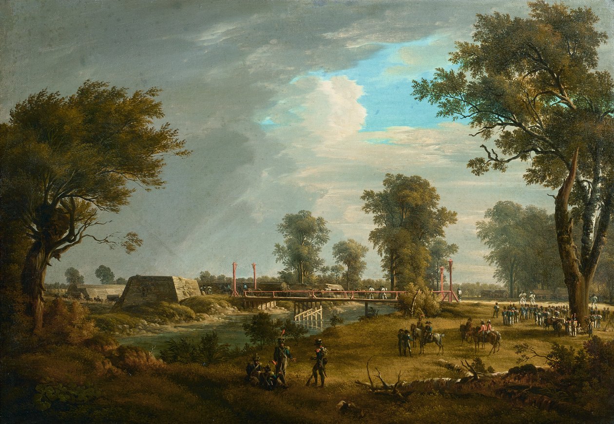 Scene fra Napoleonskrigene: Bro i Lobau med fransk infanteri af Joseph Rebell