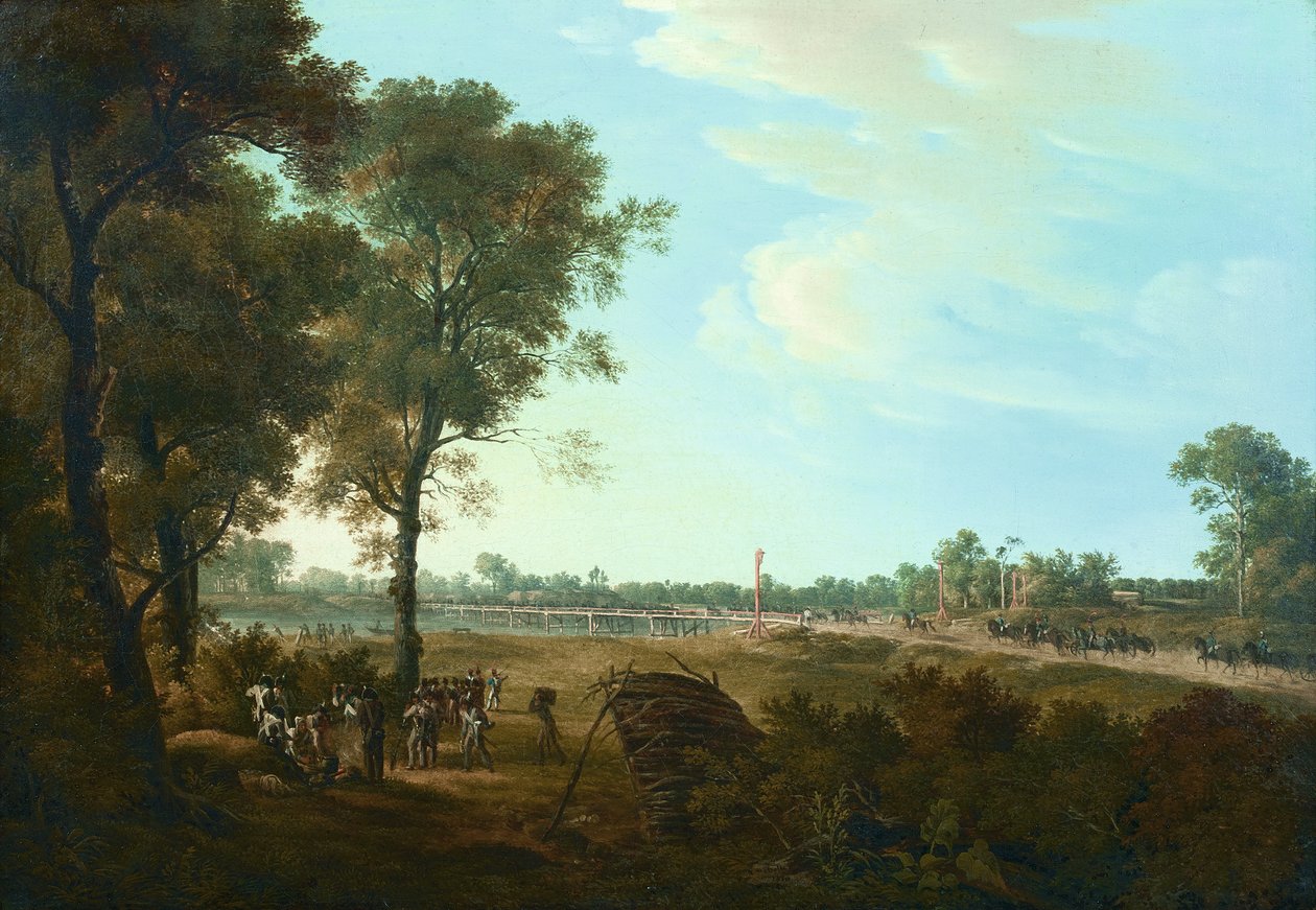 Scene fra Napoleonskrigene: Starten på brohovedet i Lobau af Joseph Rebell