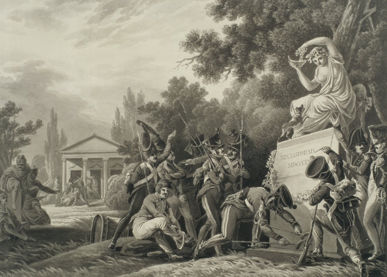 Soldater der hylder Isabelle Czartoryski (1746-1835) (pensel og blæk på papir) af Joseph Richter