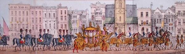 Panoramisk fremstilling af dronning Victorias kongelige march gennem Londons by den 9. november 1837 (litografi) (detalje) af Joseph Robins