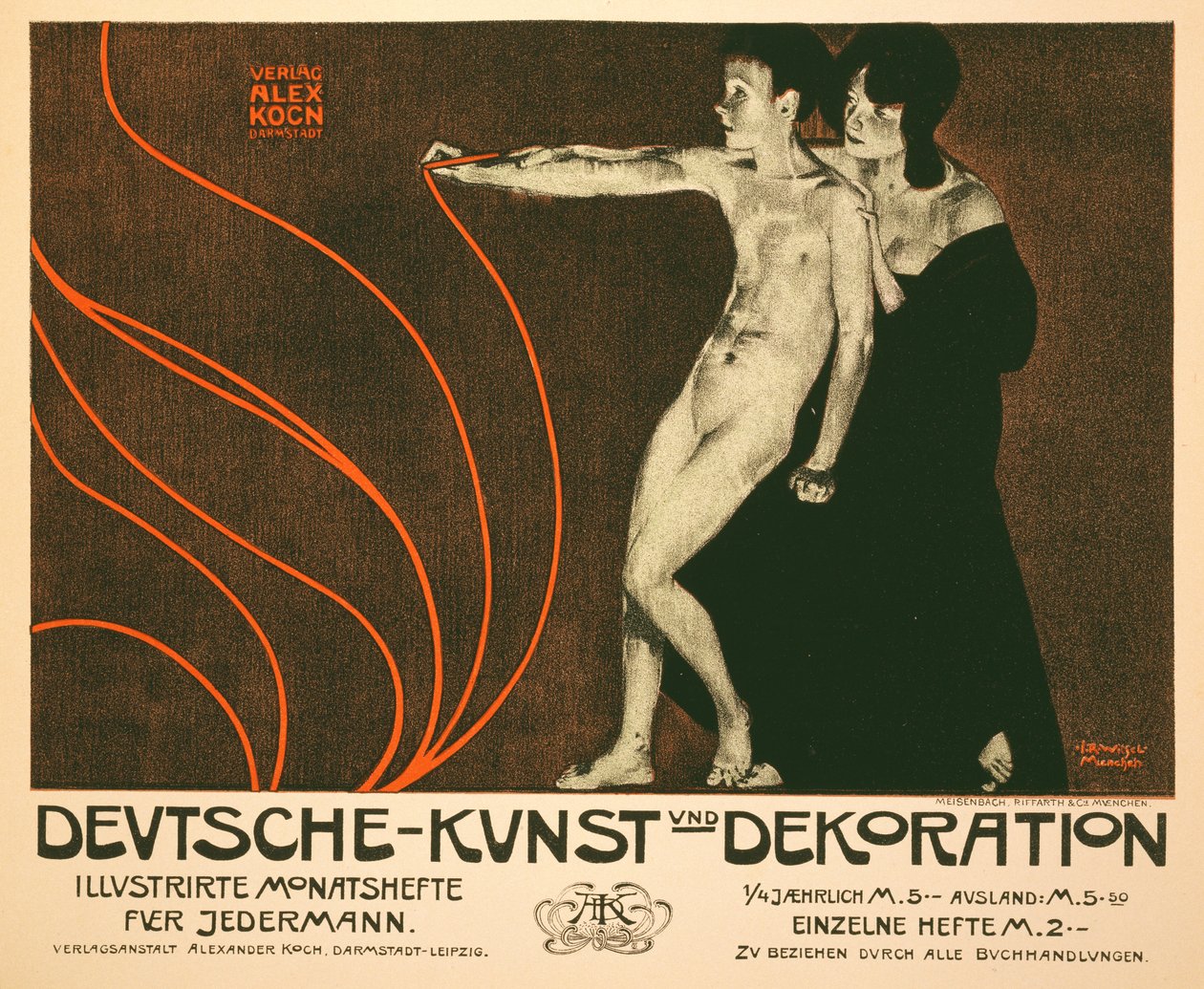 Gengivelse af en plakat, der reklamerer for Deutsche Kunst und Dekoration, en månedlig illustreret anmeldelse for alle, 1898 af Joseph Rudolf Witzel