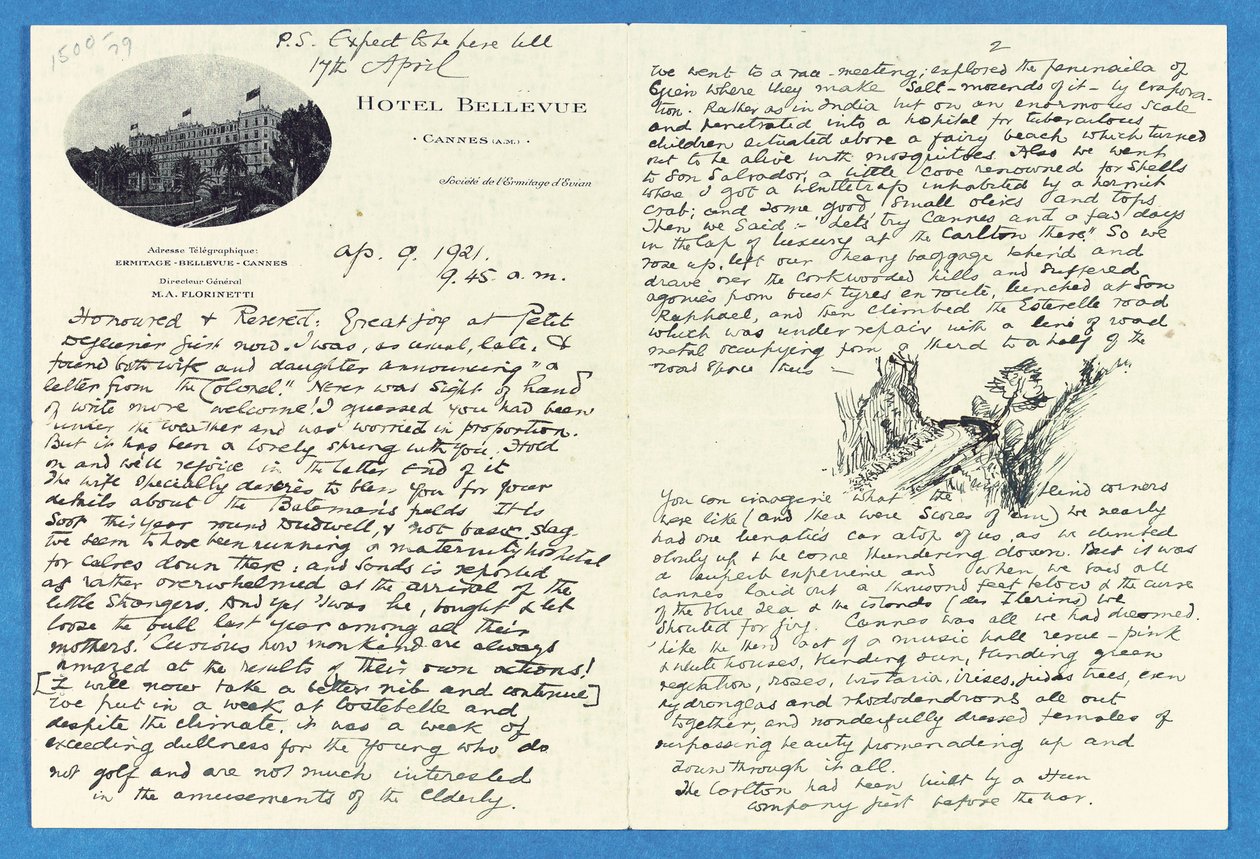 Autografbrev til oberst H. W. Feilden, Hotel Bellvue Cannes, 9. april af Joseph Rudyard Kipling