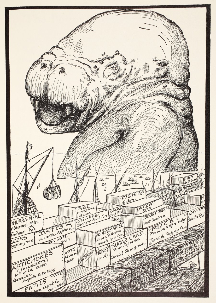 Dyret, der kom op af havet og spiste al den mad, Suleiman-bin-Daoud havde gjort klar til alle dyr i hele verden, illustration fra Just So Stories for Little Children af Rudyar af Joseph Rudyard Kipling