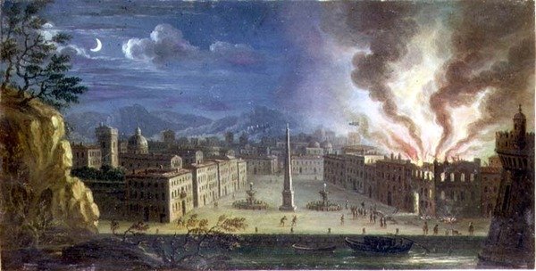 En piazza i en italiensk havn med en bygning i flammer om natten af Joseph Ruiz