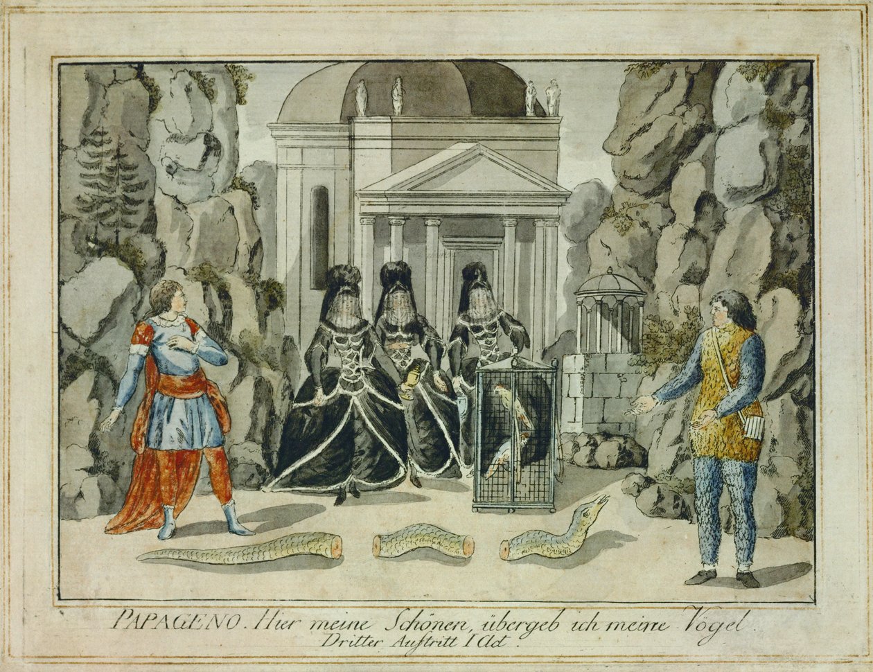 Tamino og Papageno med de tre damer ... (kobberstik) af Joseph Schaffer