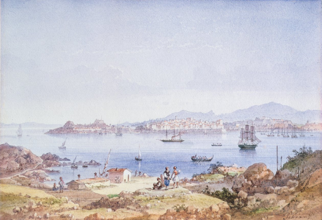 Korfu fra øen Vidho, 1789 (wc) af Joseph Schranz