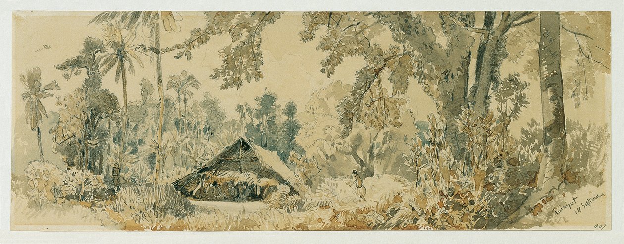Indfødt hytte på Puinipet (Ponape) Island, Caroline Islands af Joseph Selleny