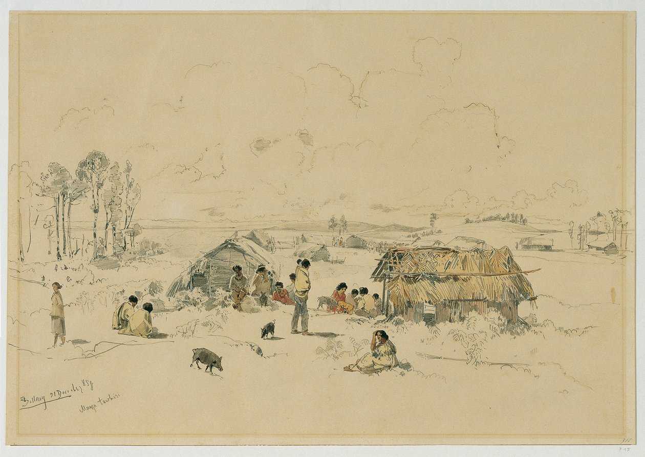 Maori-Dorf am Fluss Mangatawhiri, Auckland (Neuseeland) af Joseph Selleny