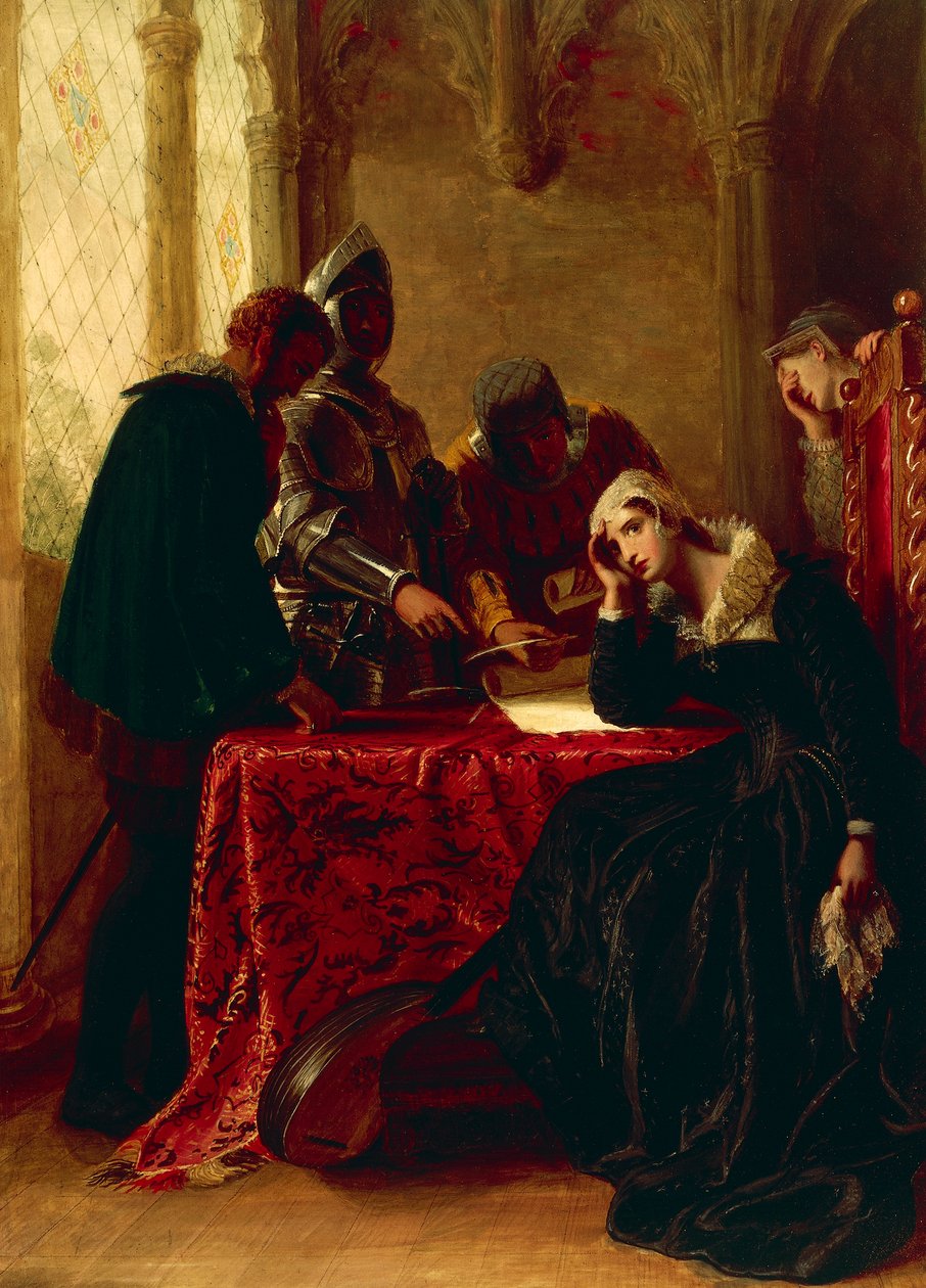 Abdikation af Mary Queen of Scots i Loch Leven Castle, ca. 1850 (olie på lærred) af Joseph Severn