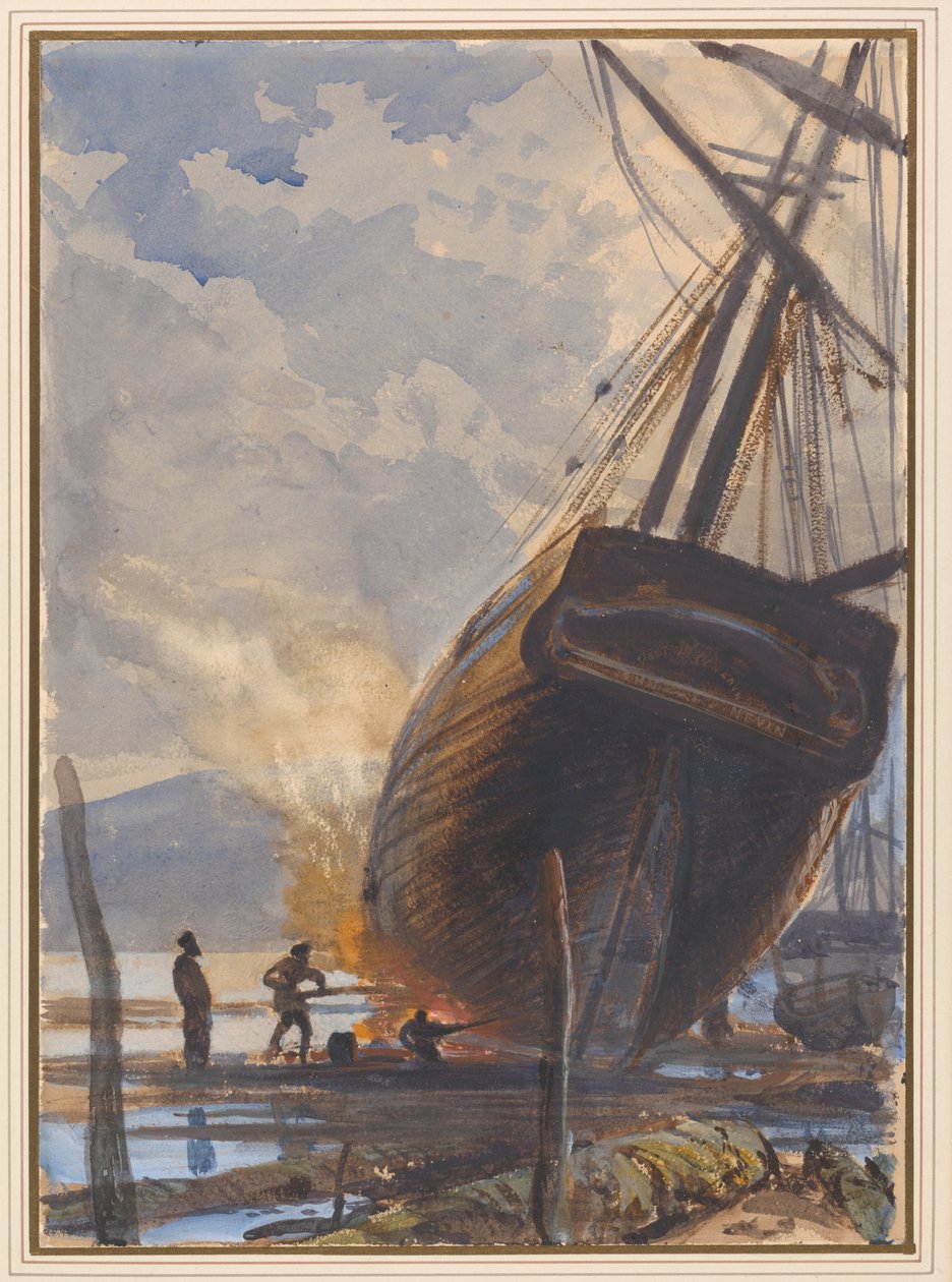 Caulking the Schooner, Falmouth Harbor af Joseph Severn
