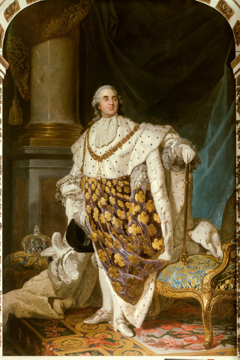 Portræt i foden af kongen af Frankrig Ludvig XVI i helligdragt (1754-1793) Han har halskæden af Helligåndsordenen (Helligånden) - Maleri fra Joseph Siffred Duplessis Atelier (1725-1802) (Joseph- Siffrede, Joseph-Siffrede, Joseph Si af Joseph Siffred Duplessis