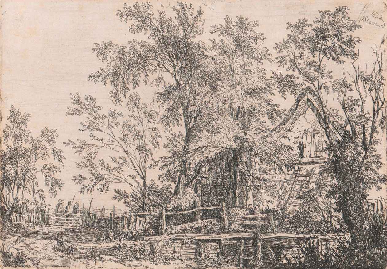 Nedlagt Sommerhus i Landskab med Figurer af Joseph Stannard