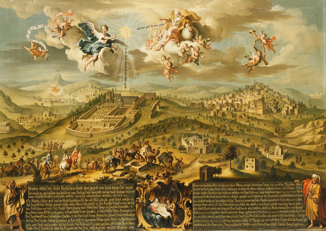 En udsigt over Betlehem med magiernes rejse, treenigheden ovenover og fødselaren i en malet kartouche nedenfor, 1752 af Joseph Stephan