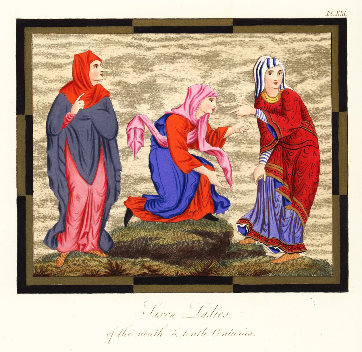 Angelsaksiske damekostumer, 9. og 10. århundrede, 1854 (gravering) af Joseph Strutt