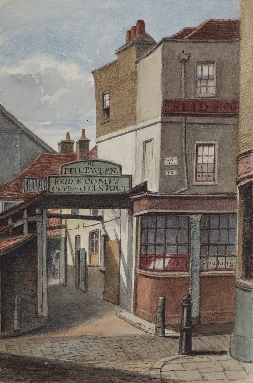 Udsigt over Bell Tavern, Addle Hill, der viser tegn til Reid og Companys fejrede stout og en kantstensstolpe, 1868 (wc på papir) af Joseph Thomas Wilson