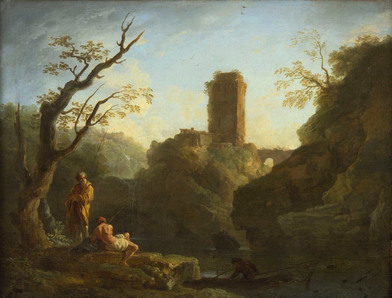 Fransk: Et landskab med et træ og to mænd, et tårn i baggrunden af Joseph Vernet