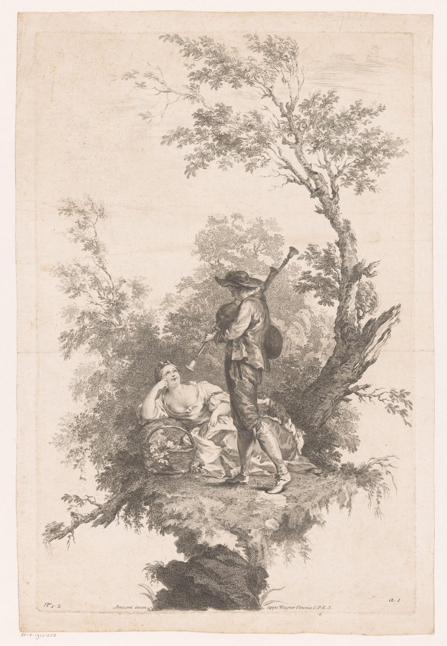 Hyrde, der spiller sækkepibe for en ung kvinde Forår Four Seasons (serietitel) af Joseph Wagner (possibly)