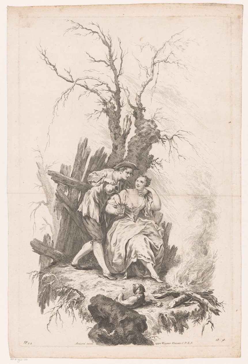 Mand og kvinde med hund ved bål Vinter Four Seasons (serietitel) af Joseph Wagner (possibly)