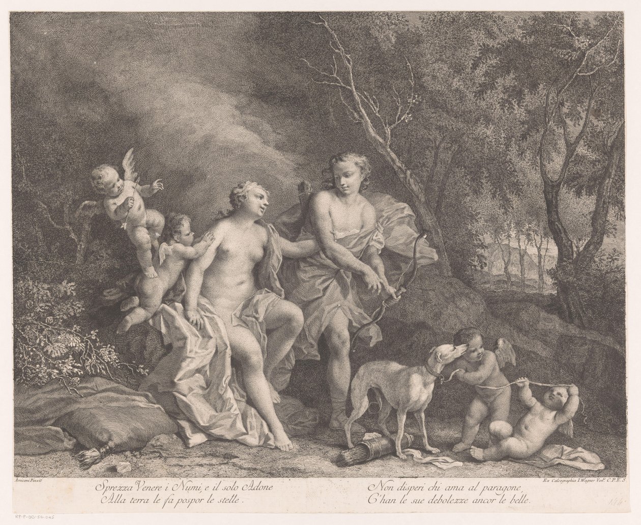 Venus og Adonis som elskere med fire putti af Joseph Wagner (possibly)