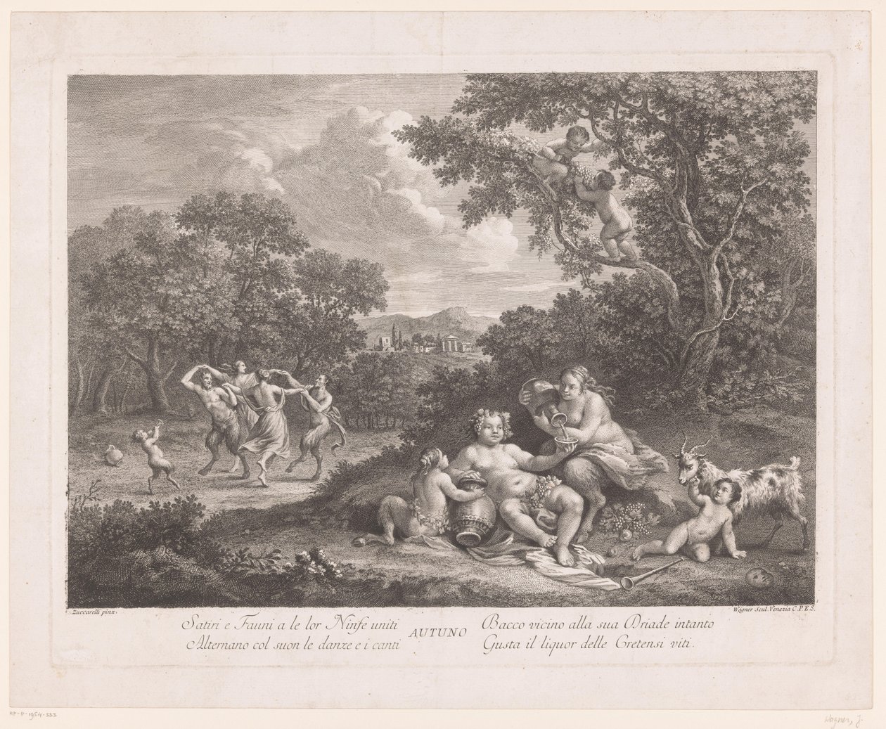Landskab med Bacchus og Dansende Satyrer og Maenads Efterår Autotuno (titel på objekt) af Joseph Wagner