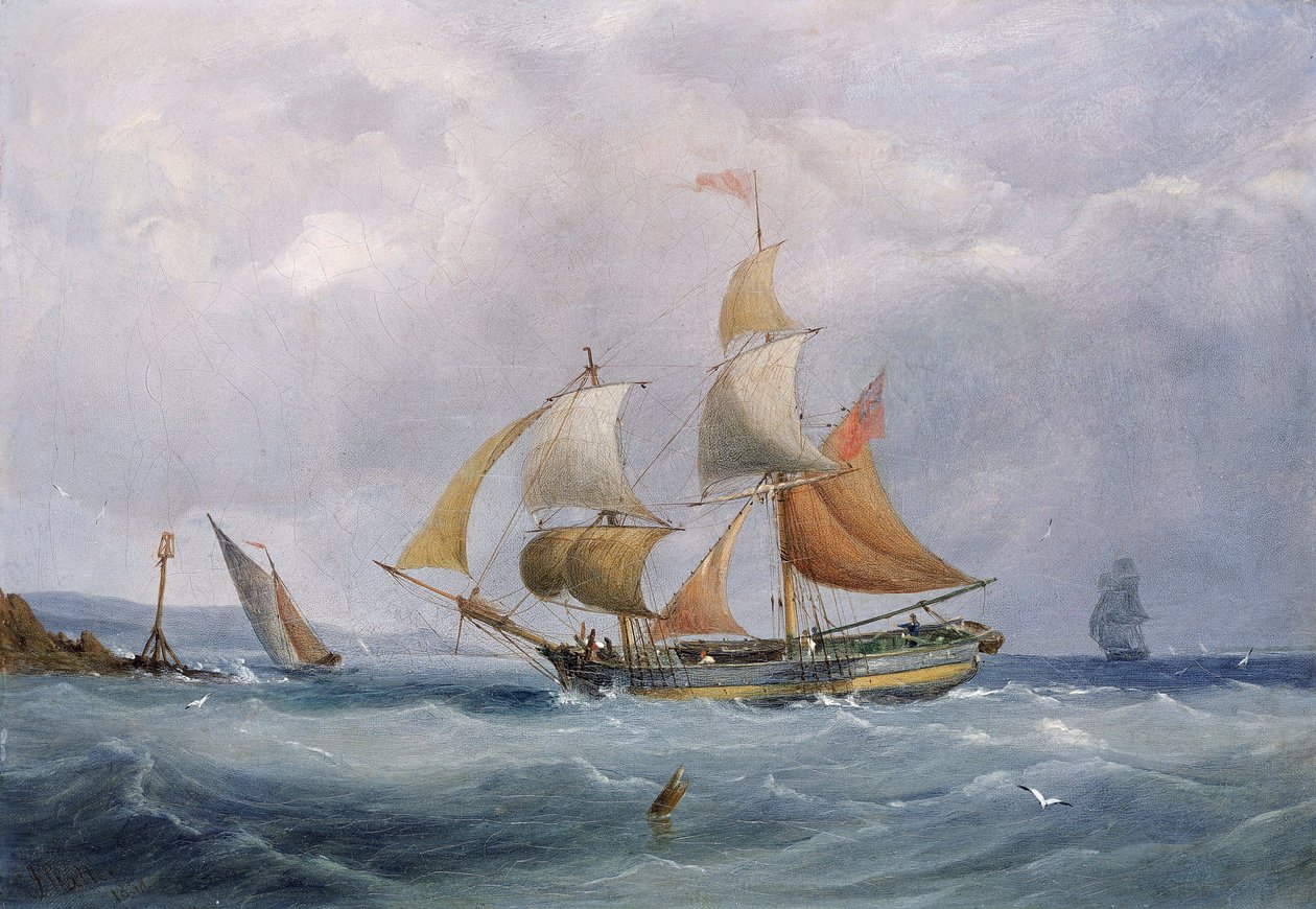 En handelsbrig på vej ind i Avons munding i Bristol (England). Olie på lærred af Joseph Walter