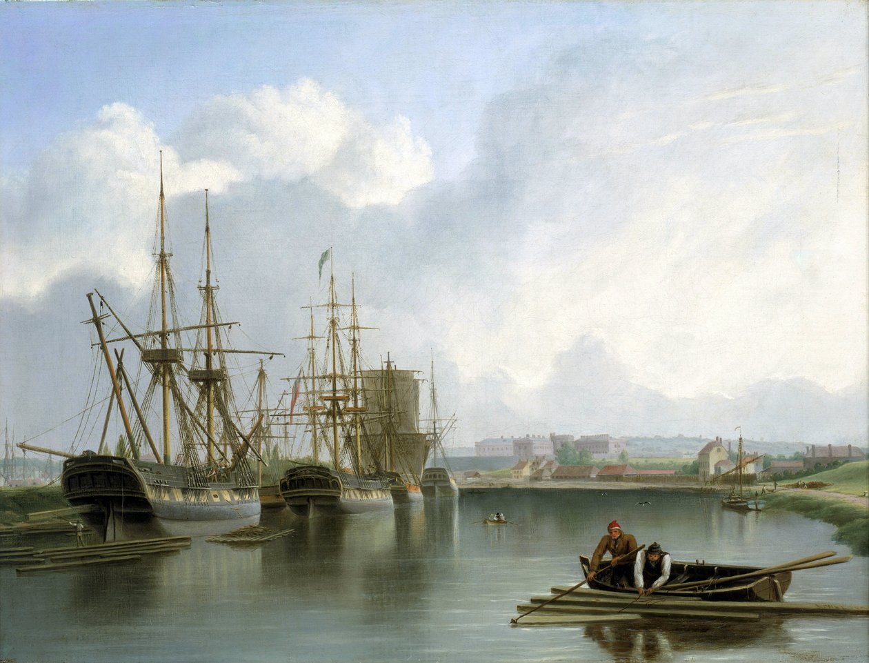 Beskrivelse af havnen i Bristol (England), med indianerskibe, der handler med og transporterer amerikansk tømmer, og læs af træ, der flyder på vandet med to mænd i en båd, der samler dem op med krog og gaffe af Joseph Walter