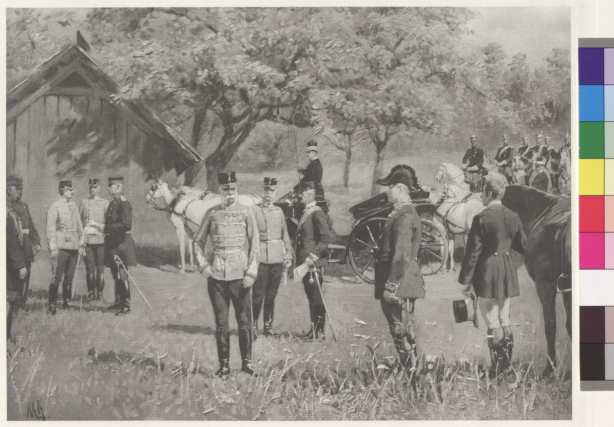 Kejser Franz Joseph I og kejser Wilhelm II på Rendezvousplatz (Rendezvouspladsen) i Totis af Joseph Walter
