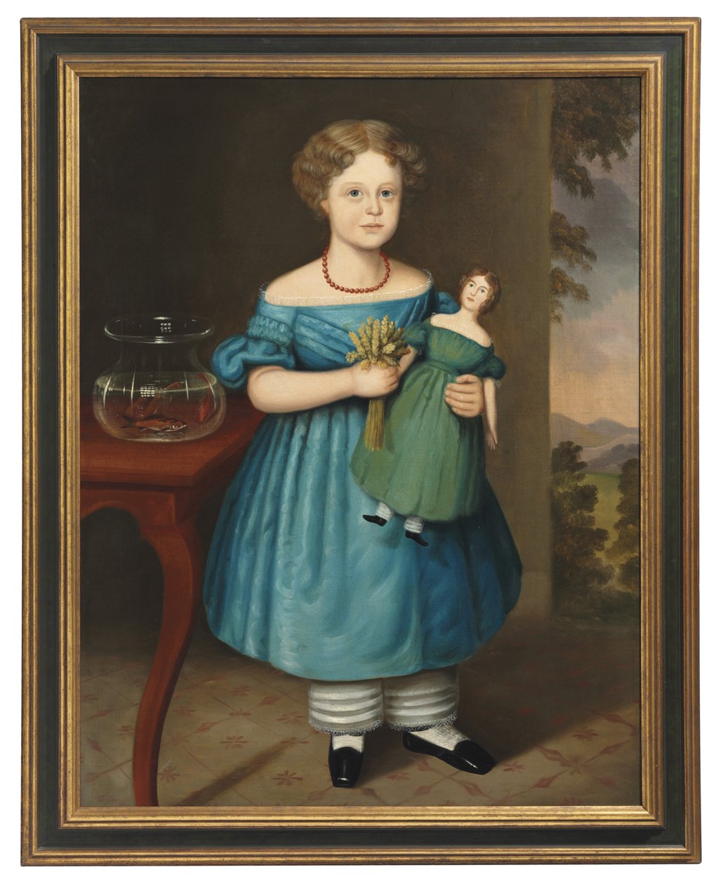Portræt af Amy Philpot i en blå kjole med dukke og guldfisk af Joseph Whiting Stock