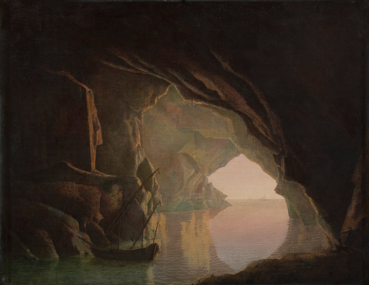 En grotte i Salerno-bugten, solnedgang af Joseph Wright of Derby