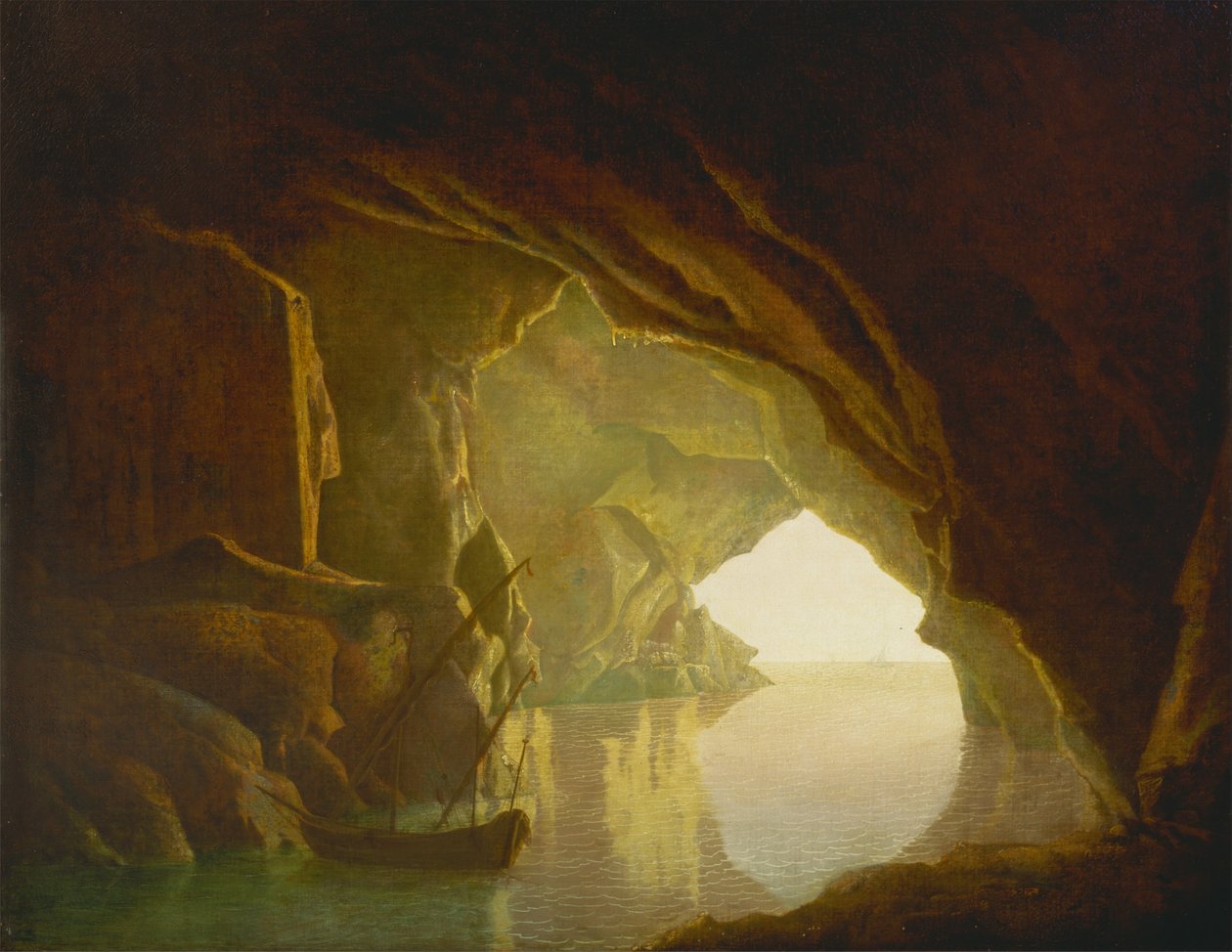 En grotte i Salerno-bugten, solnedgang af Joseph Wright of Derby