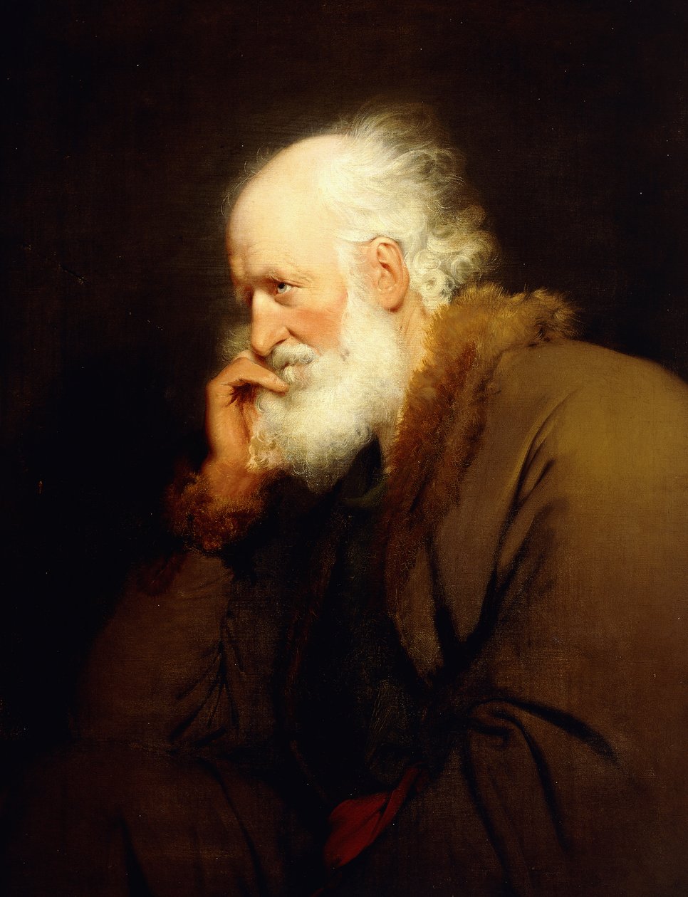 En gammel mand, halvlang, i en brun pelsforet frakke, af Joseph Wright of Derby