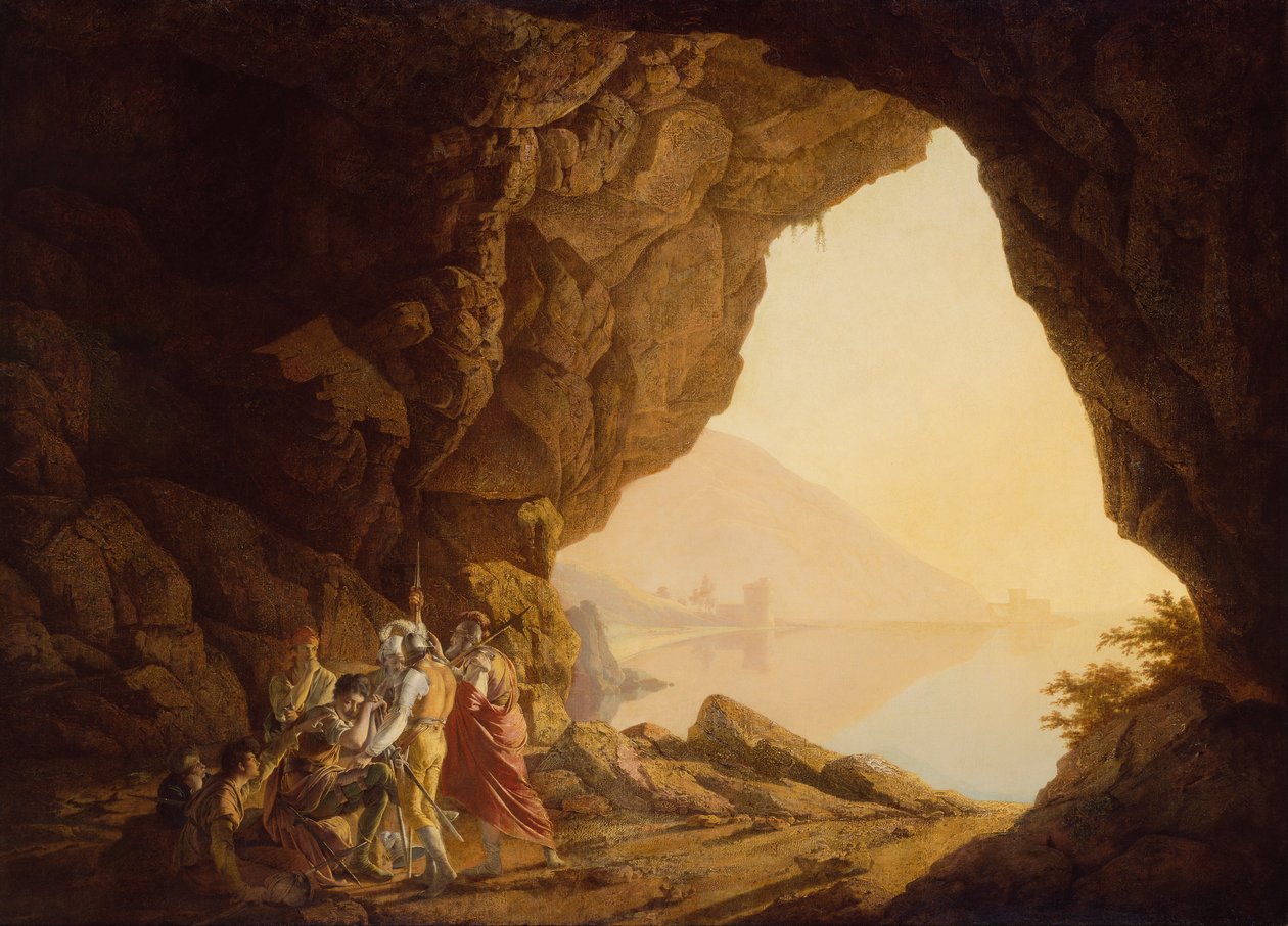 Grotte ved havet i kongeriget Napoli med Banditti, solnedgang af Joseph Wright of Derby