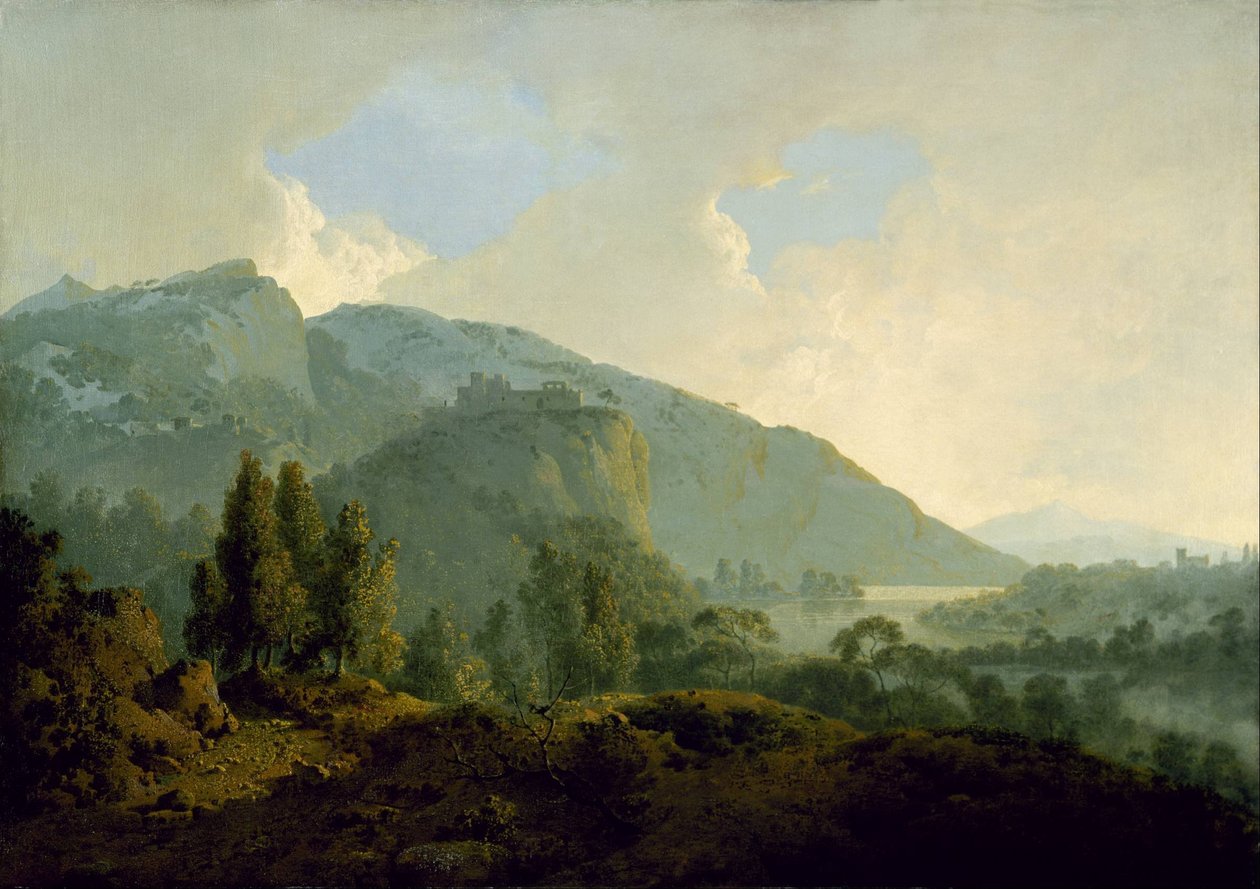 Italiensk landskab med bjerge og en flod af Joseph Wright of Derby