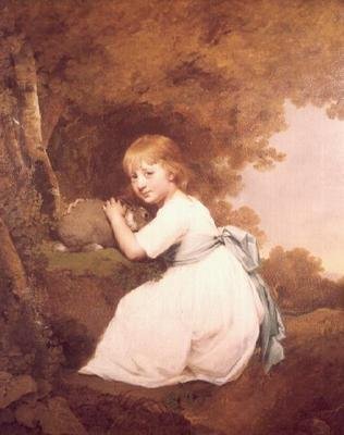 Miss Bentley i en hvid kjole med en kanin af Joseph Wright of Derby