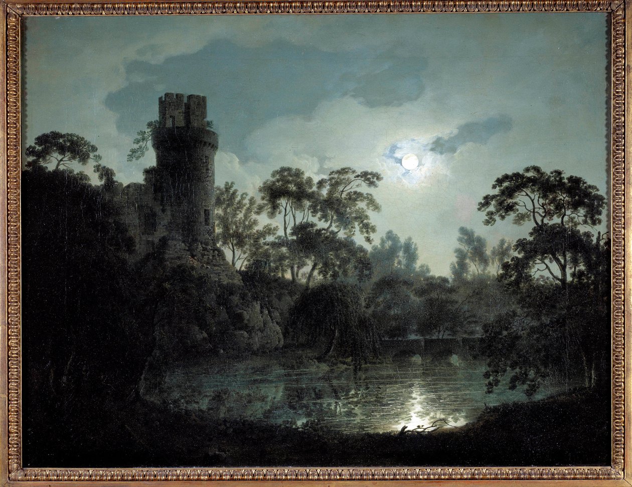 Måneskin med sø og slot Romantisk natlandskab. Maleri af Joseph Wright fra Derby (1734-1797) 1787 privat samling af Joseph Wright of Derby