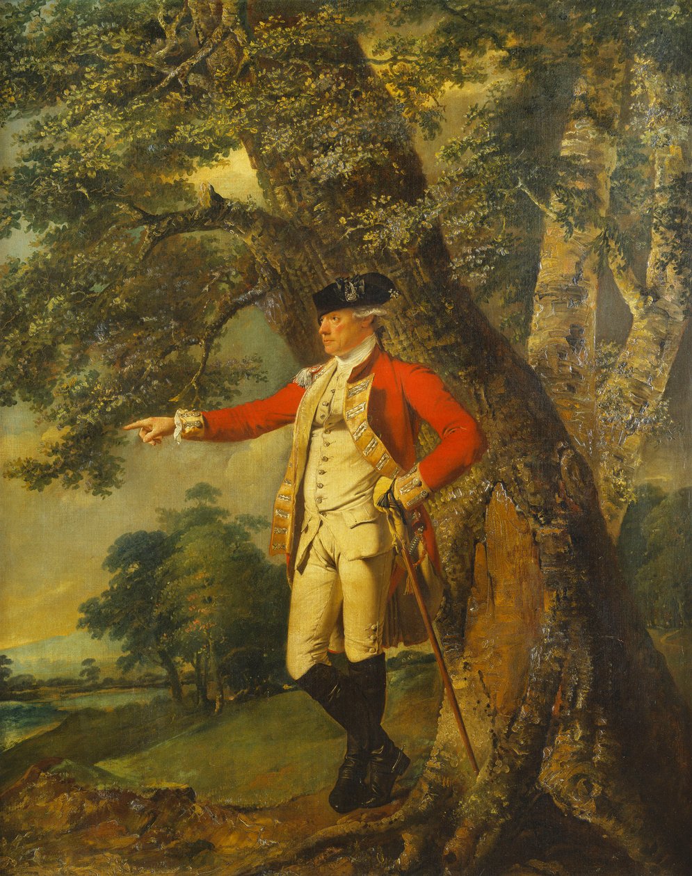 Portræt af oberst Charles Heathcote, stående lille i fuld længde i et skovklædt landskab, i uniformen på den femogtredive fod af Joseph Wright of Derby