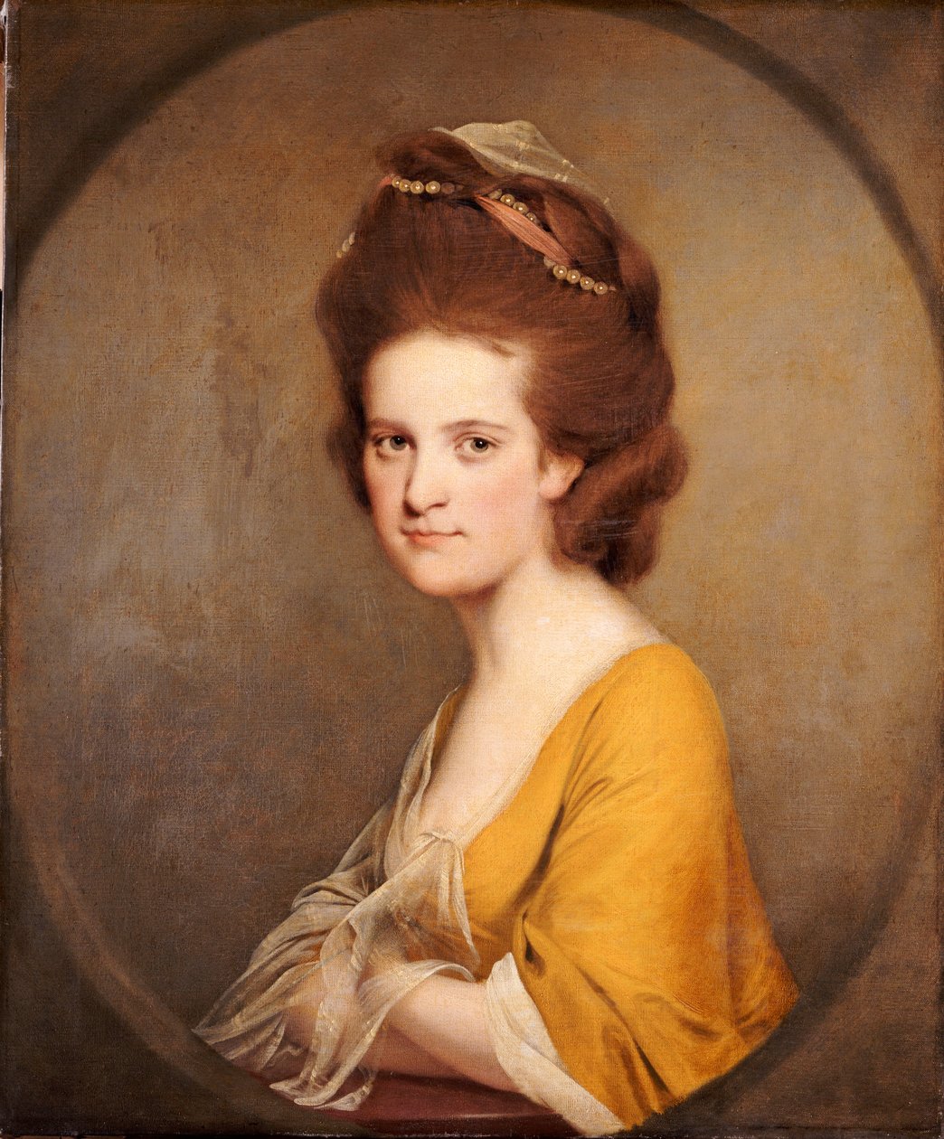 Portræt af Dorothy Hodges, halv længde, i gul kjole af Joseph Wright of Derby