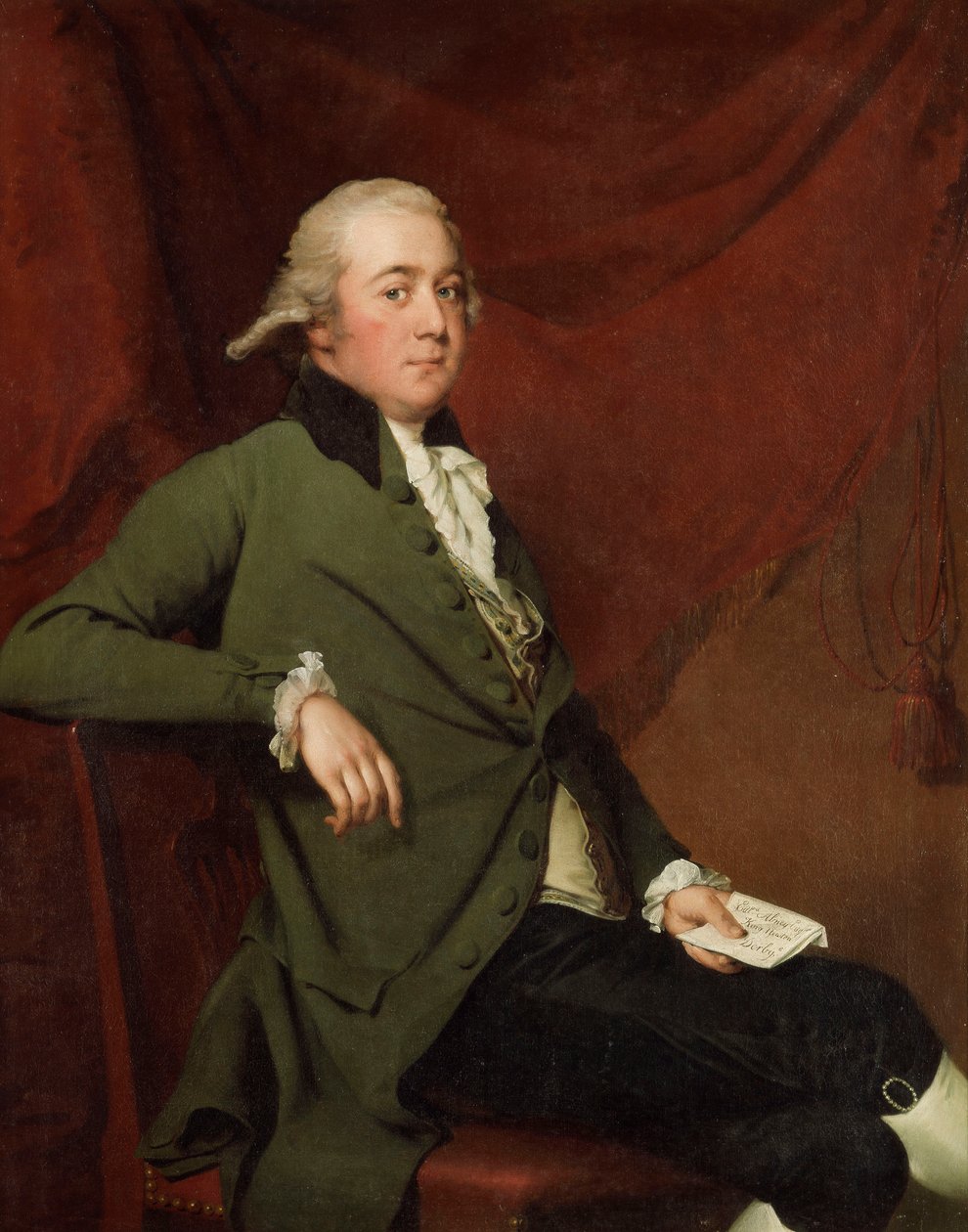 Portræt af Edward Abney, siddende i trekvart længde, i en grøn frakke, holder et brev mod et rødt gardin, slutningen af 1780