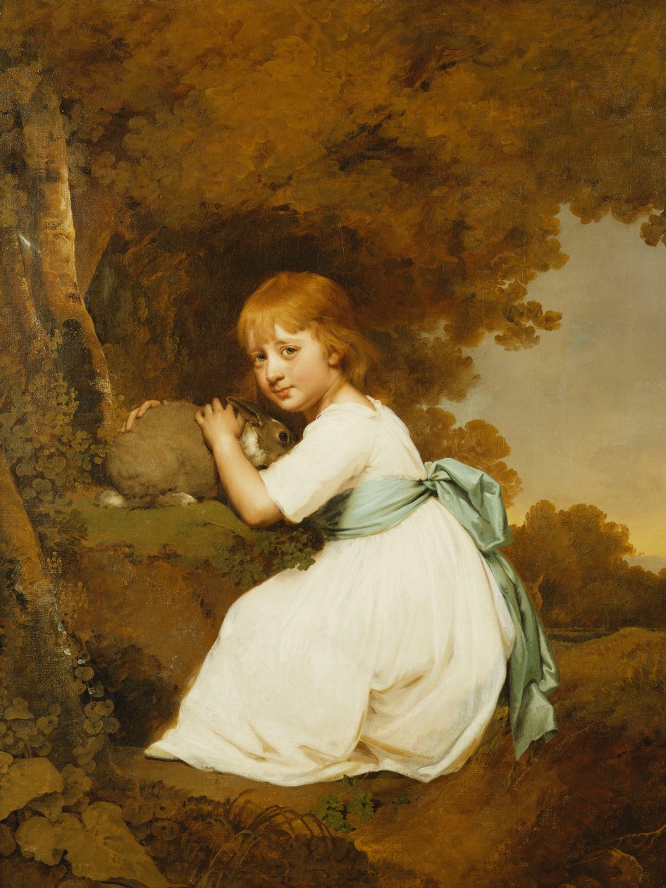 Portræt af Miss Bentley, siddende i fuld længde, iført en hvid kjole, holder en kanin i et landskab, ca. 1781 af Joseph Wright of Derby