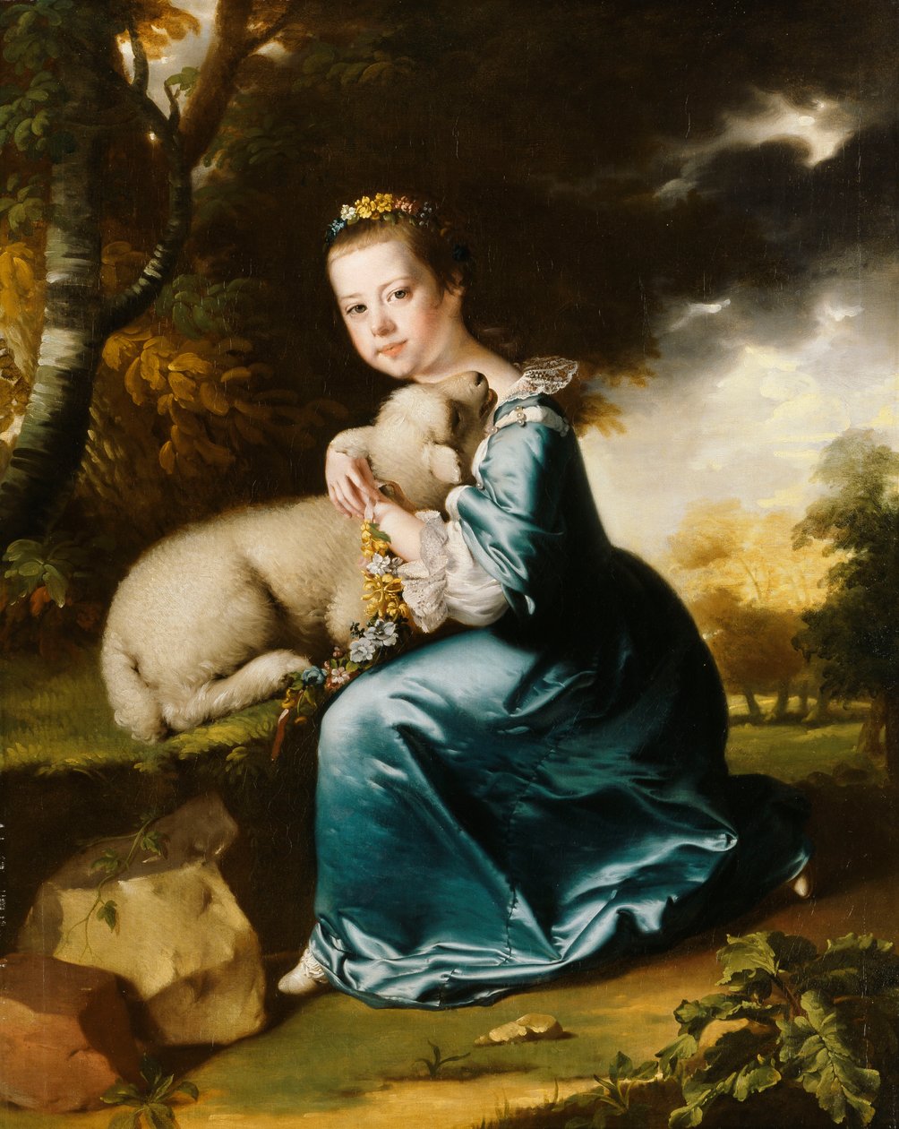Portræt af frøken Frances Warren, knælende i fuld længde i en skovklædt park, iført en blå kjole og holder et lam, af Joseph Wright of Derby